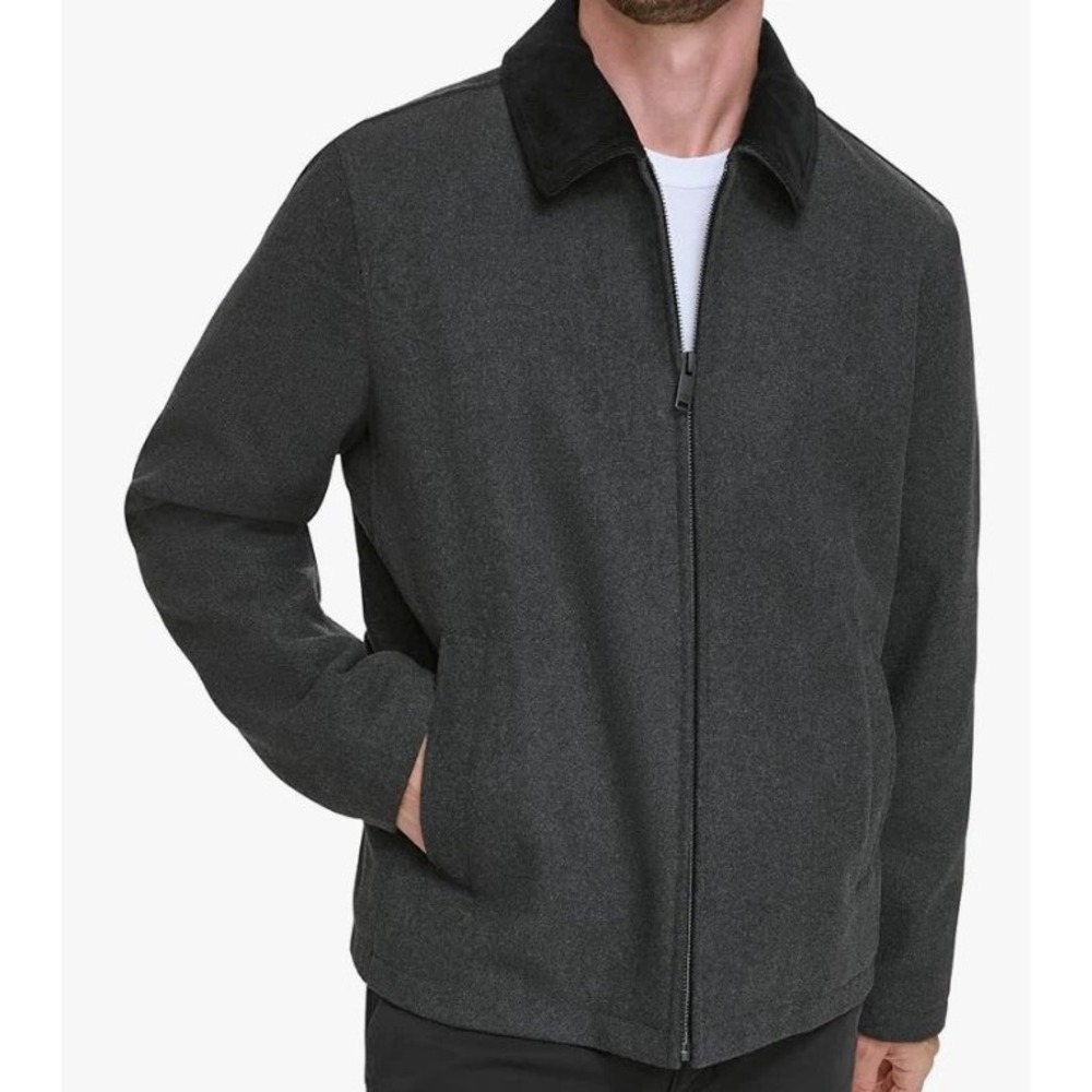 Dockers Men Charcoal‎ Gray Wool Blend Black Corduroy Collar Bomber Jacket Large